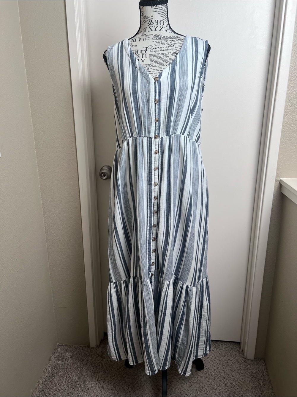 Time and Tru Blue White Striped Cotton Button Front Maxi Dress L 12-14